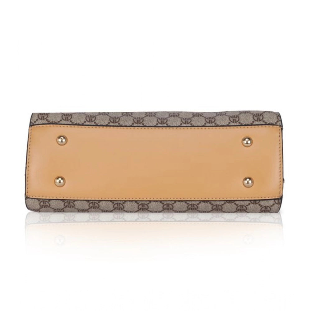 Faux leather printed handbag (Camel), synthetic lining, dual handle with zipper closure