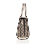 Beige faux leather printed handbag with dual handle and zipper closure - synthetic lining, handbag style