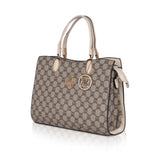 Beige faux leather printed handbag with dual handles and zipper closure