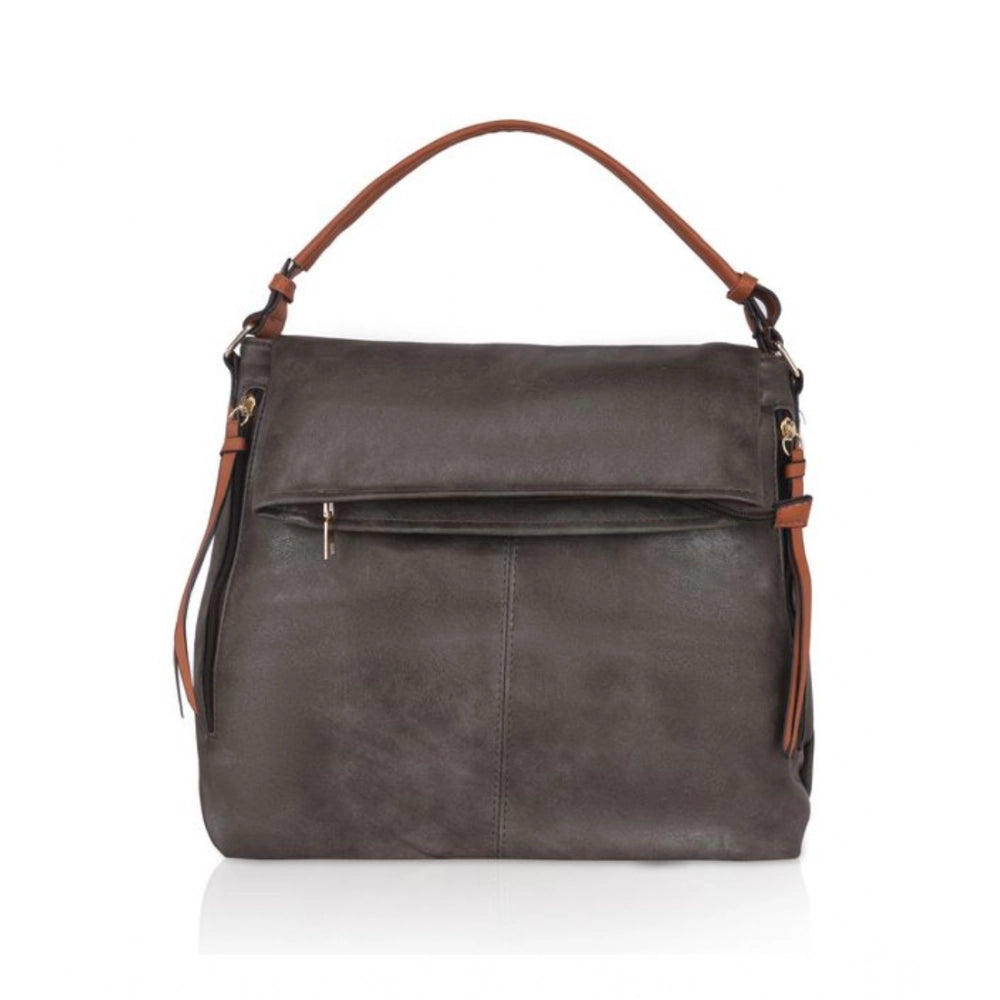 Green faux leather sling bag with dual handle, solid pattern and zipper closure