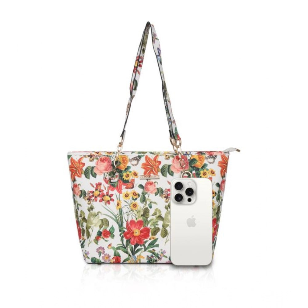 White Orang faux leather printed tote bag with dual handle and zipper closure