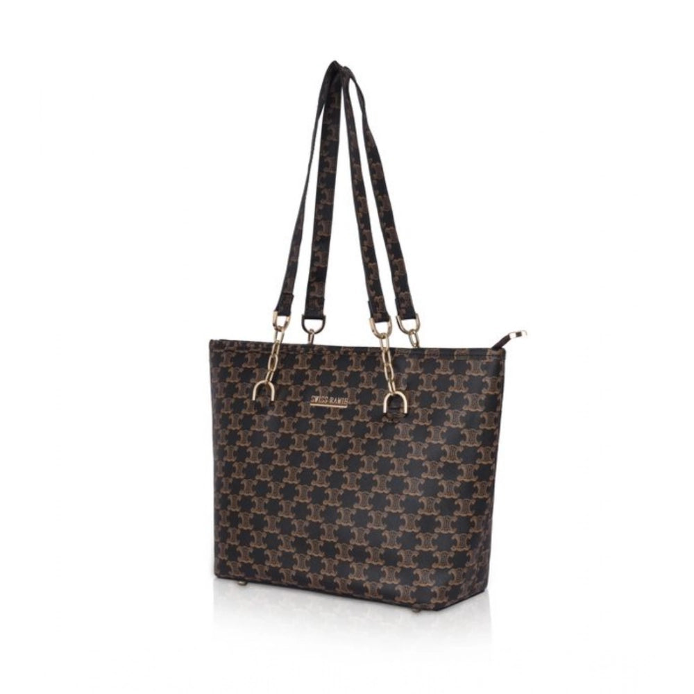 Brown faux leather printed tote bag with dual handle, synthetic lining, and zipper closure