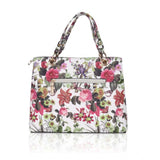 White pink faux leather printed handheld bag with dual handle, zipper closure, synthetic lining, and vibrant pattern