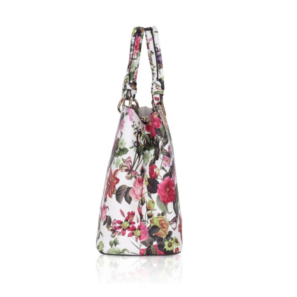 White pink faux leather printed handheld bag with dual handle, synthetic lining, and zipper closure