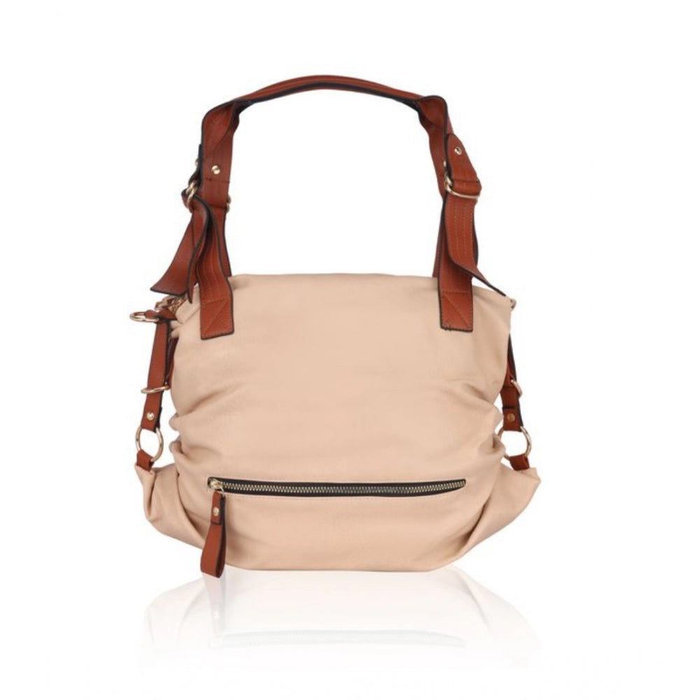 Beige faux leather handbag with black zip closure and multiple card slots