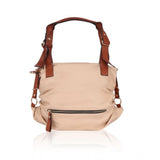 Beige faux leather handbag with black zip closure and multiple card slots