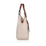 White faux leather tote bag. Solid design with visible straps.