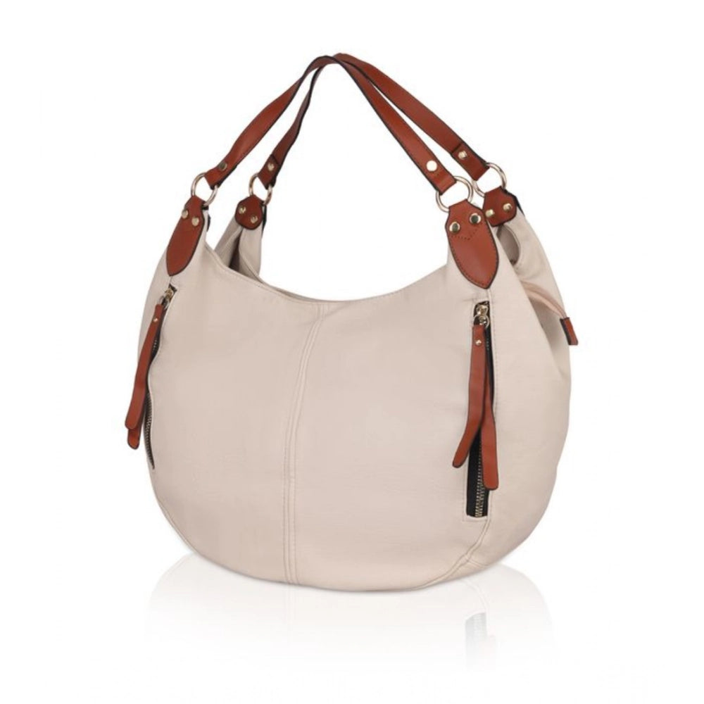 White faux leather tote bag with visible zipper details.