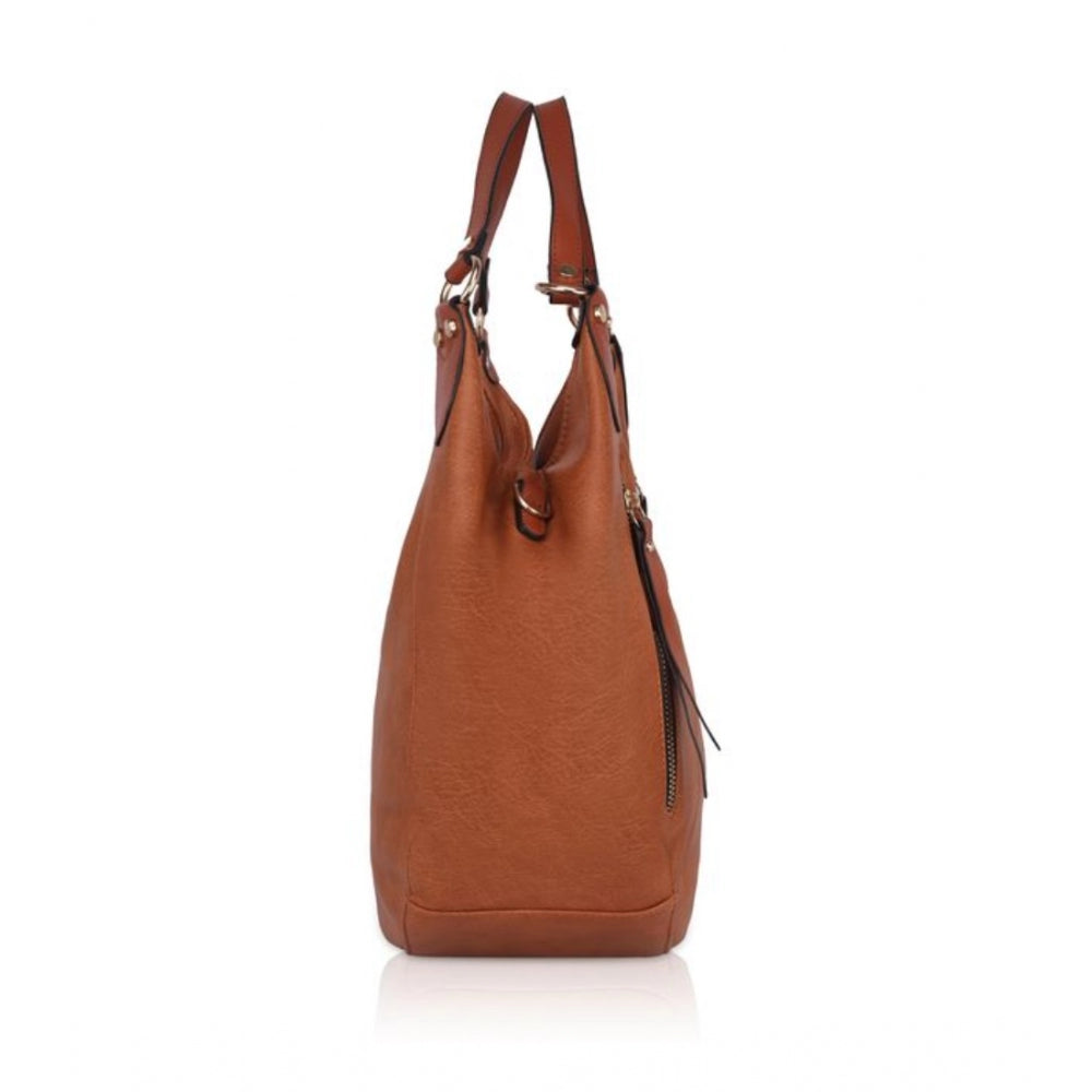 Faux leather solid brown womens tote bag