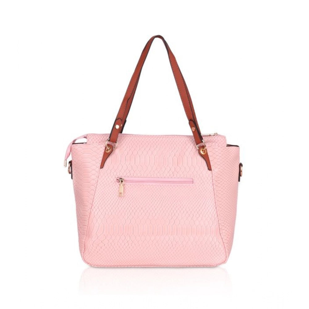 Pink faux leather textured tote bag with zipper closure and dual handles