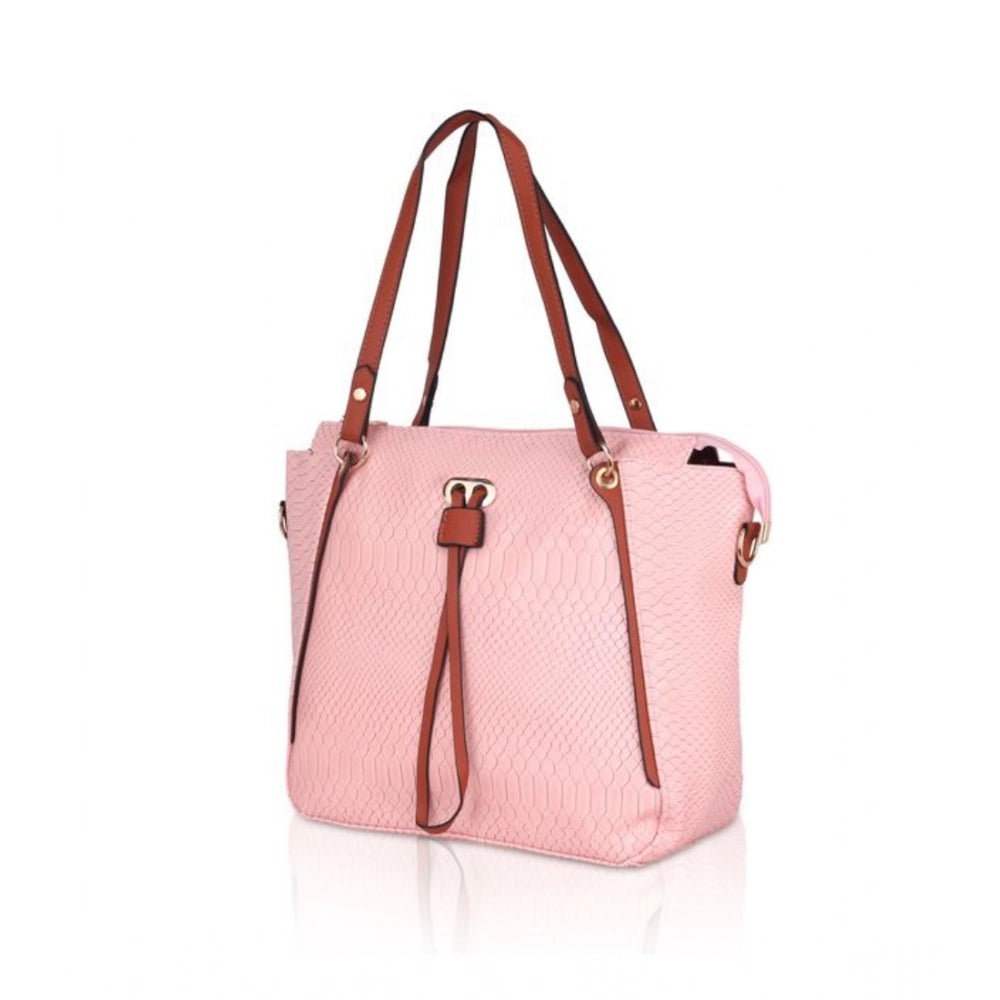 Pink faux leather textured tote bag with zipper closure and dual handles