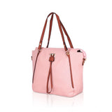 Pink faux leather textured tote bag with zipper closure and dual handles