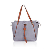 Grey faux leather textured tote bag with zipper closure and dual handles