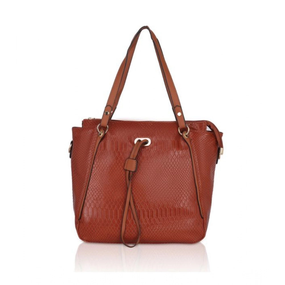 Brown faux leather textured tote bag with dual handle and zipper closure, synthetic inner lining
