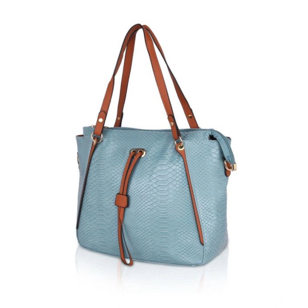 Blue faux leather textured tote bag with zipper closure and dual handles
