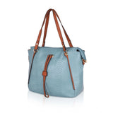 Blue faux leather textured tote bag with zipper closure and dual handles