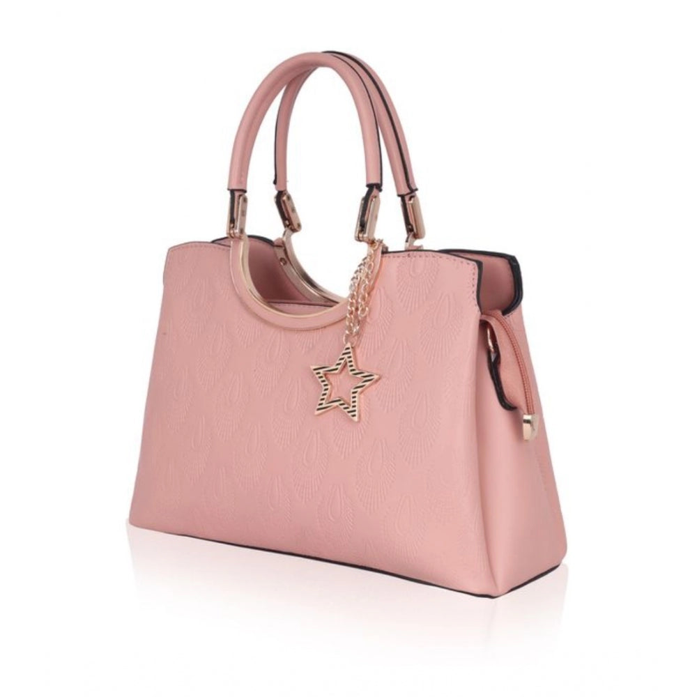 Pink faux leather adjustable long belt handbag, printed design