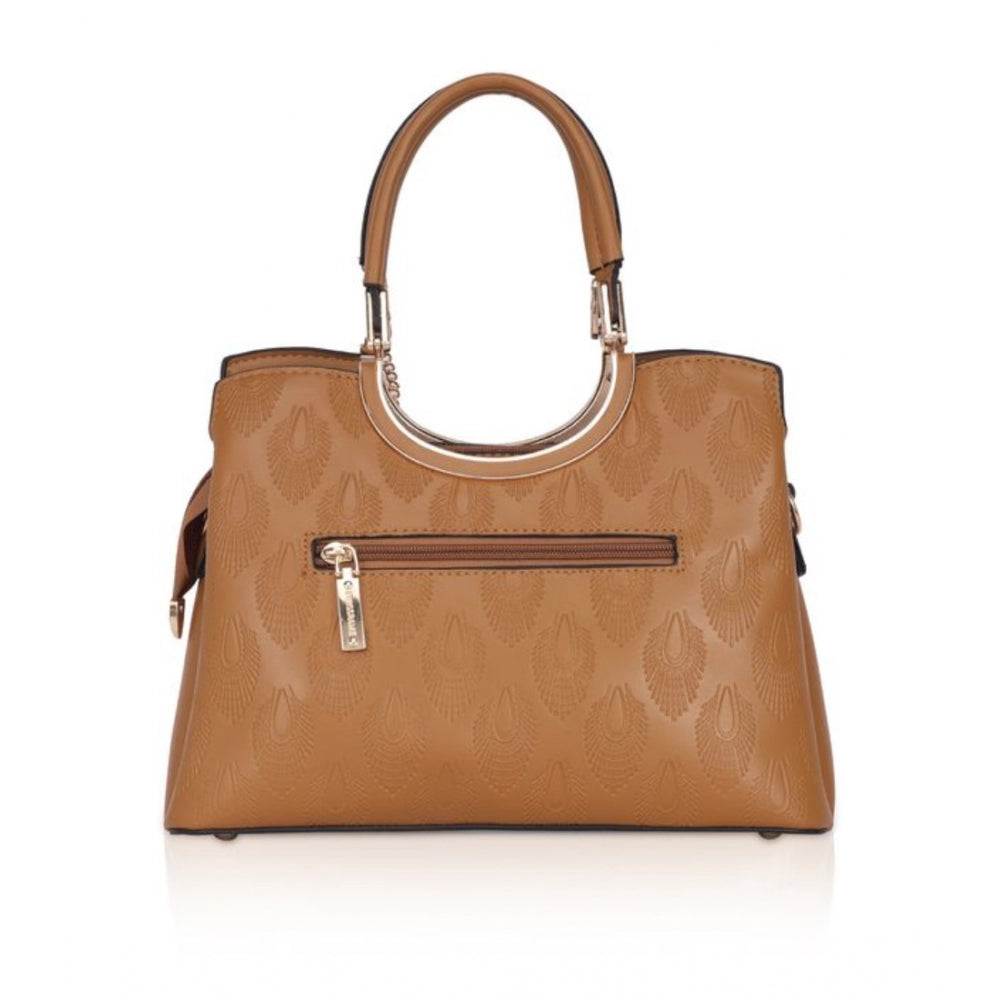 Long adjustable belt handbag in brown faux leather with a printed pattern