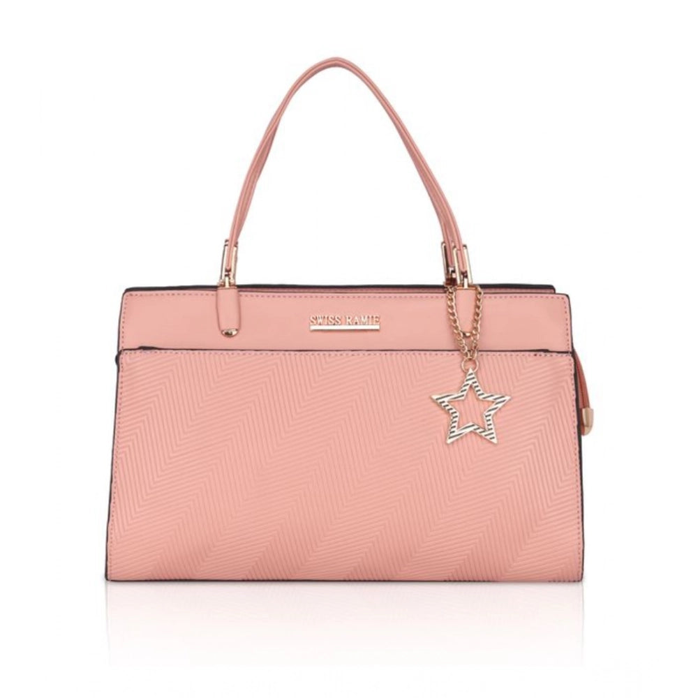 Pink faux leather textured adjustable long belt handbag with dual handle, synthetic inner material and zipper closure