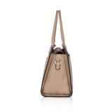 Khaki faux leather textured adjustable long belt handbag with zipper closure and dual handle strap