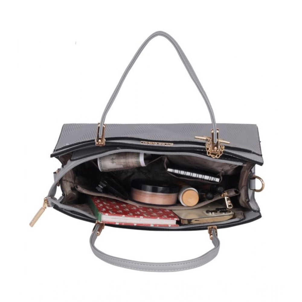 Grey faux leather textured adjustable long belt handbag with zipper closure and dual handles