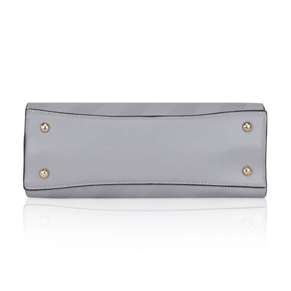 Grey faux leather textured adjustable long belt handbag with dual handle and zipper closure