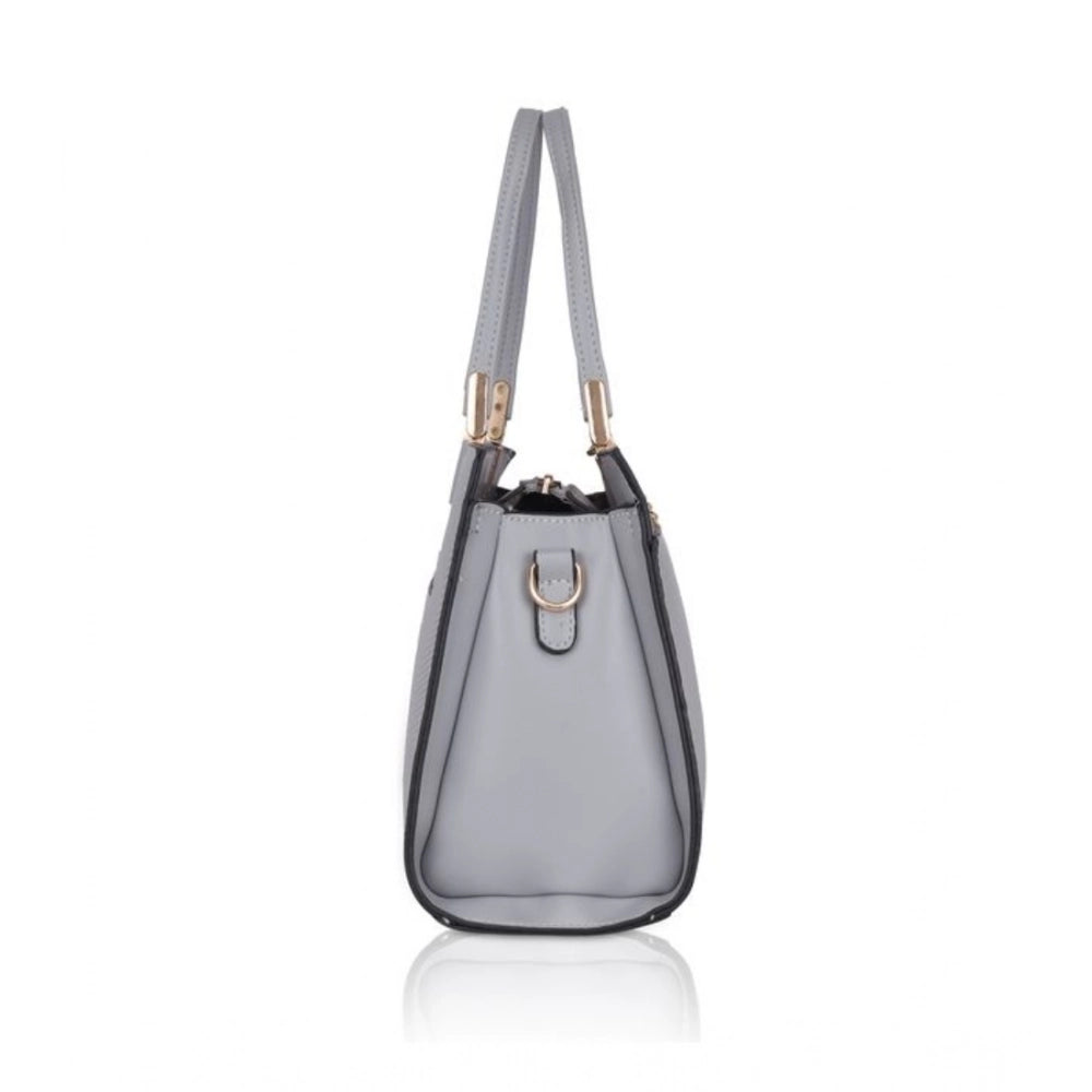 Grey faux leather textured adjustable long belt handbag with dual handle and zipper closure