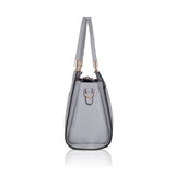Grey faux leather textured adjustable long belt handbag with dual handle and zipper closure