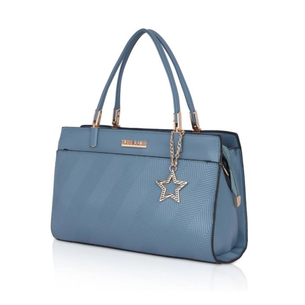Blue faux leather textured adjustable long belt handbag with dual handles and zipper closure