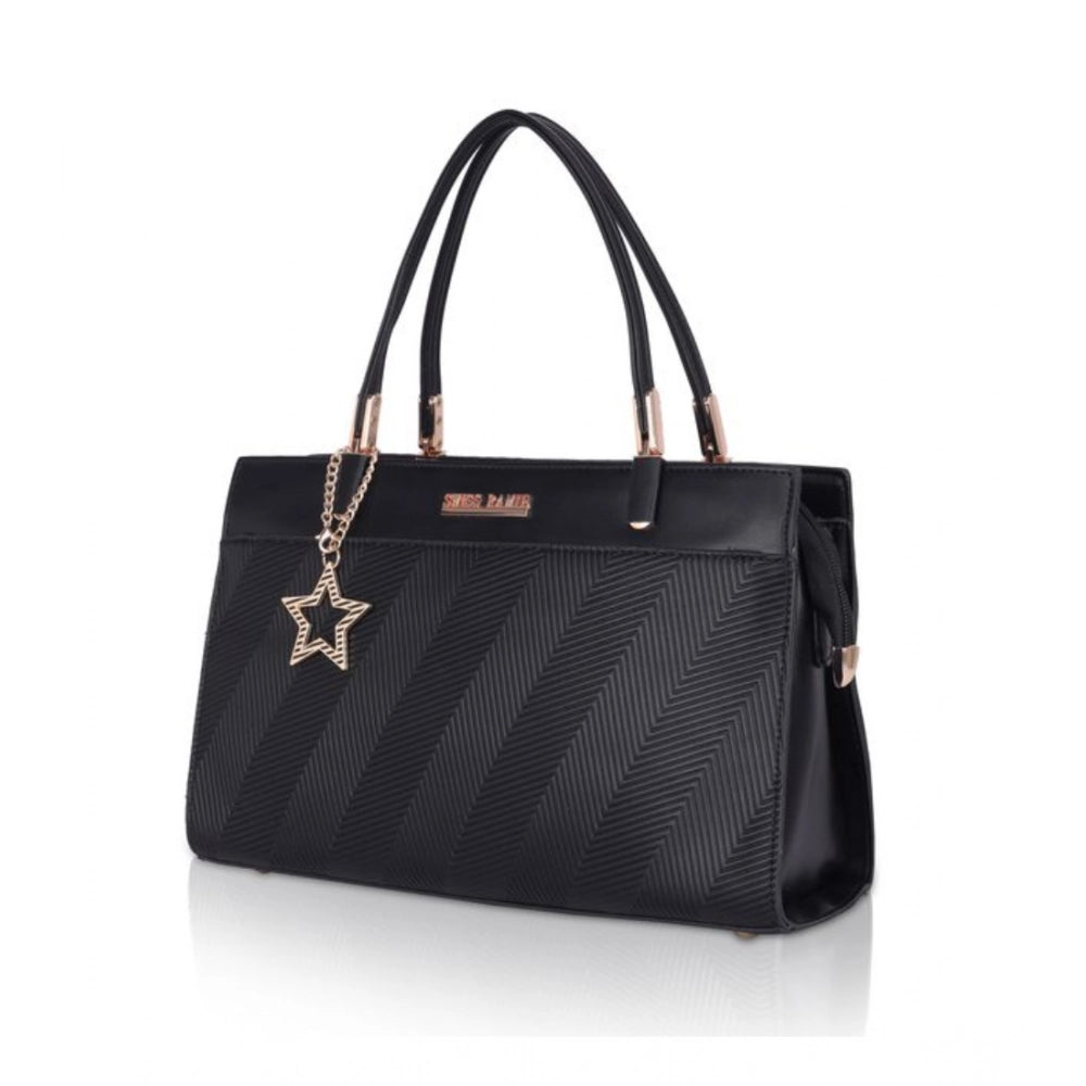 Black faux leather textured adjustable long belt handbag, dual handle with zipper closure