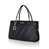 Black faux leather textured adjustable long belt handbag, dual handle with zipper closure