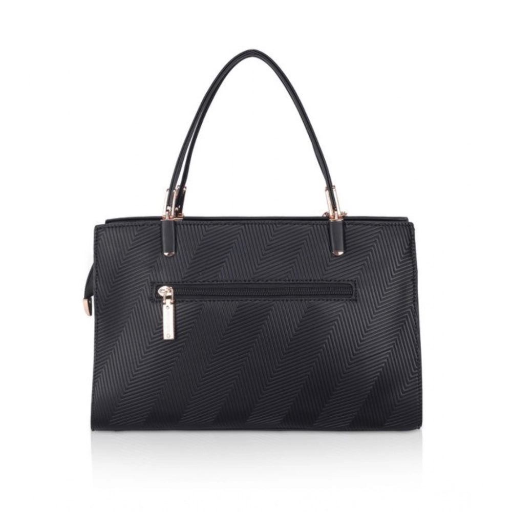 Black faux leather textured adjustable long belt handbag with dual handle and zipper closure