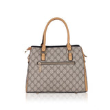 Camel faux leather printed handbag with dual handle, synthetic lining, and zipper closure