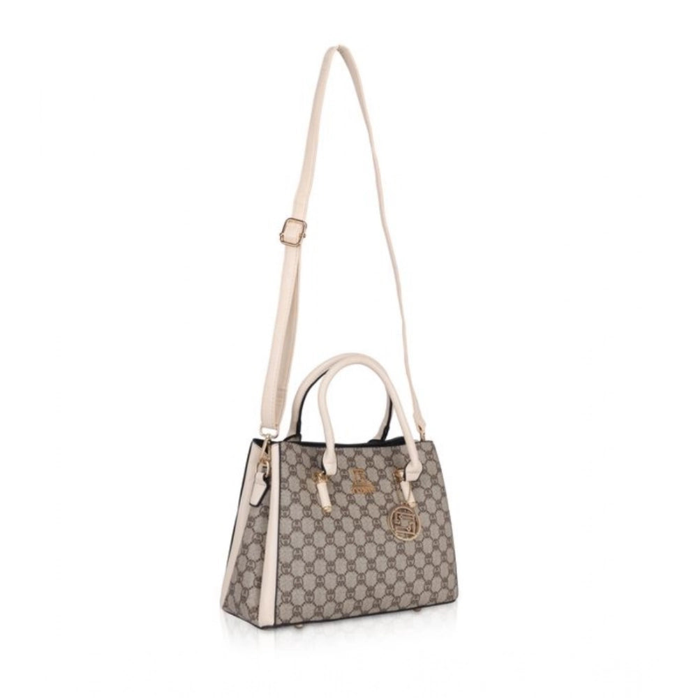 Beige faux leather printed handbag with dual handle, synthetic lining, zipper closure - fashion accessory on display stand