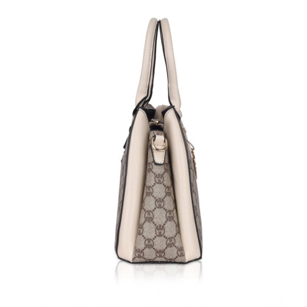 Beige faux leather printed handbag, synthetic lining, dual handle with zipper closure for women's fashion accessory