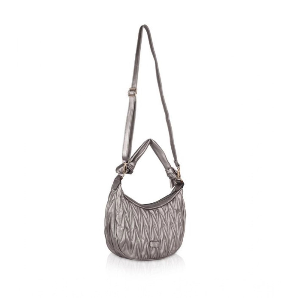 Silver grey faux leather textured handbag with dual handle, ideal for everyday use