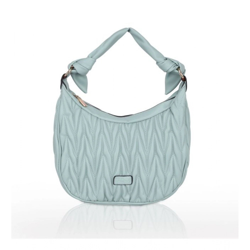 Blue faux leather textured handbag with dual handle, synthetic lining, and zipper closure