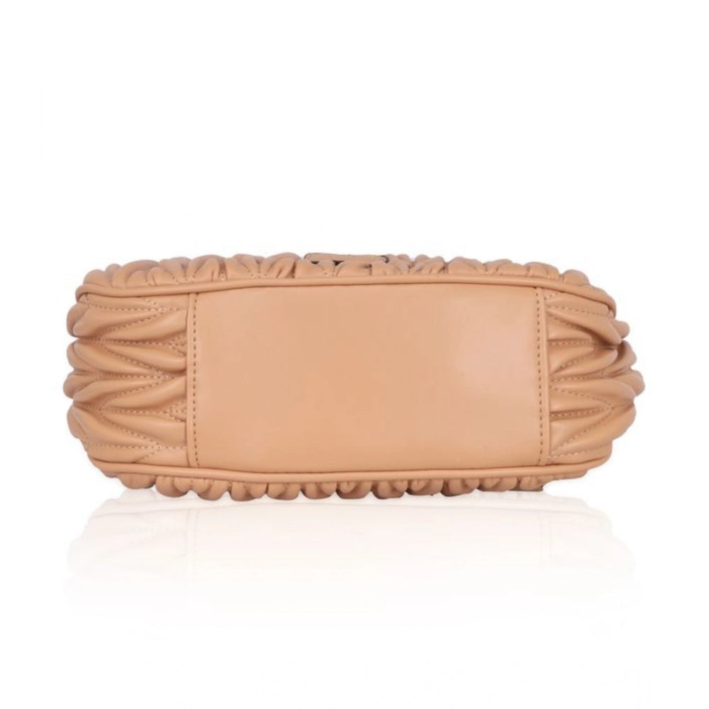 Beige faux leather textured handbag with dual handle and zipper closure