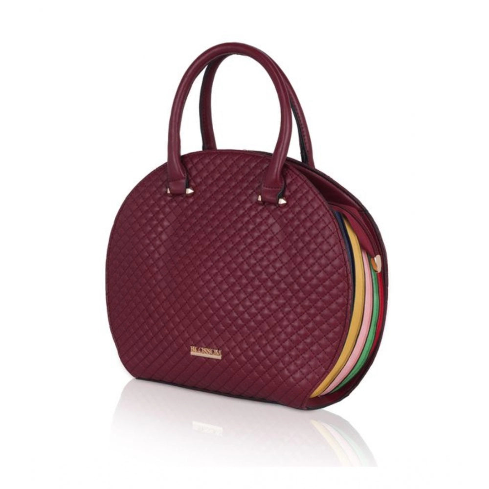 Maroon faux leather adjustable belt handbag with printed straps