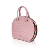 Pink faux leather belt handbag with adjustable strap and printed accents