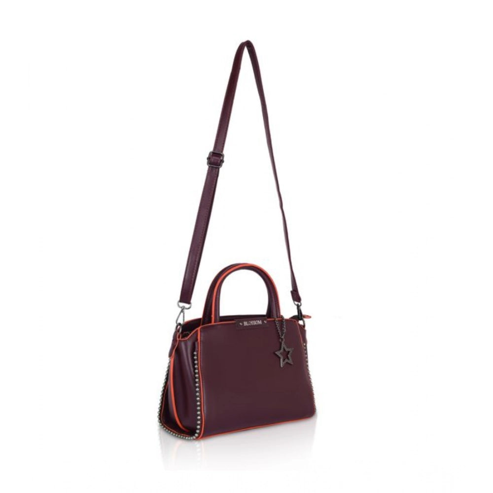 Wine red faux leather beads handbag with metal accents, dual handle and zipper closure