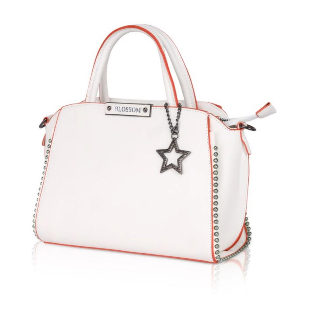 White faux leather metal beads handbag with dual handle, zipper closure