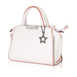 White faux leather metal beads handbag with dual handle, zipper closure