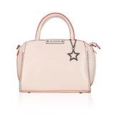 Pink faux leather metal beads handbag with dual handle, featuring zipper closure and intricate bead patterns