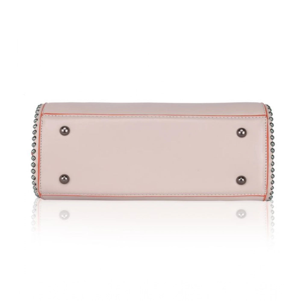 Khaki faux leather metal beads handbag with dual handle and zipper closure