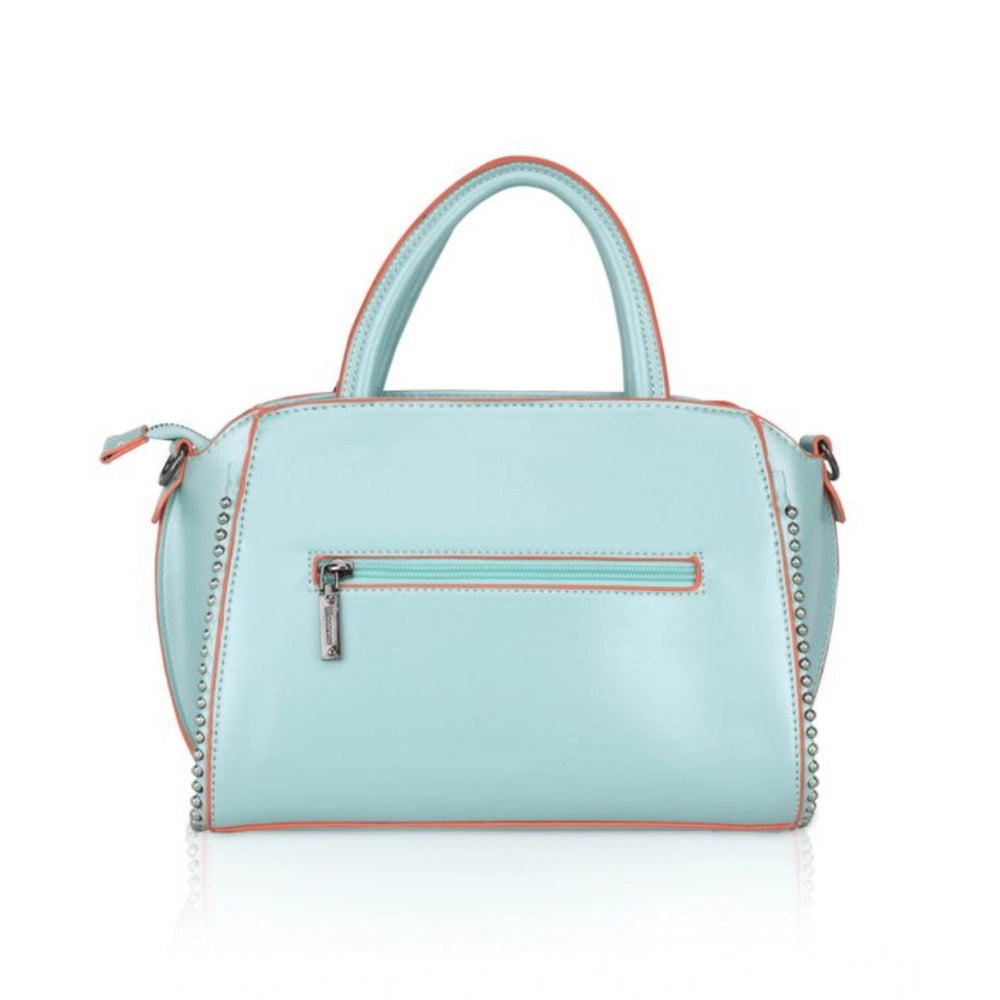 Green faux leather beads handbag with metal accents, dual handle design and zipper closure