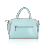 Green faux leather beads handbag with metal accents, dual handle design and zipper closure