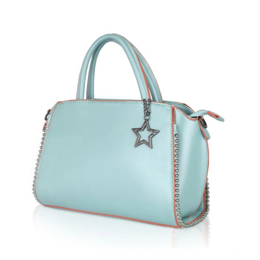 Green faux leather metal beads handbag with dual handle and zipper closure