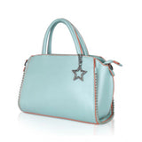 Green faux leather metal beads handbag with dual handle and zipper closure