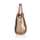 Gold faux leather handbag with metal beads pattern for women, dual handle design and zipper closure